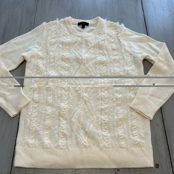 J Crew Cream Fringe Cable Knit Argyle Sweater Women’s Sz M Merino Wool Preppy - Picture 1 of 8